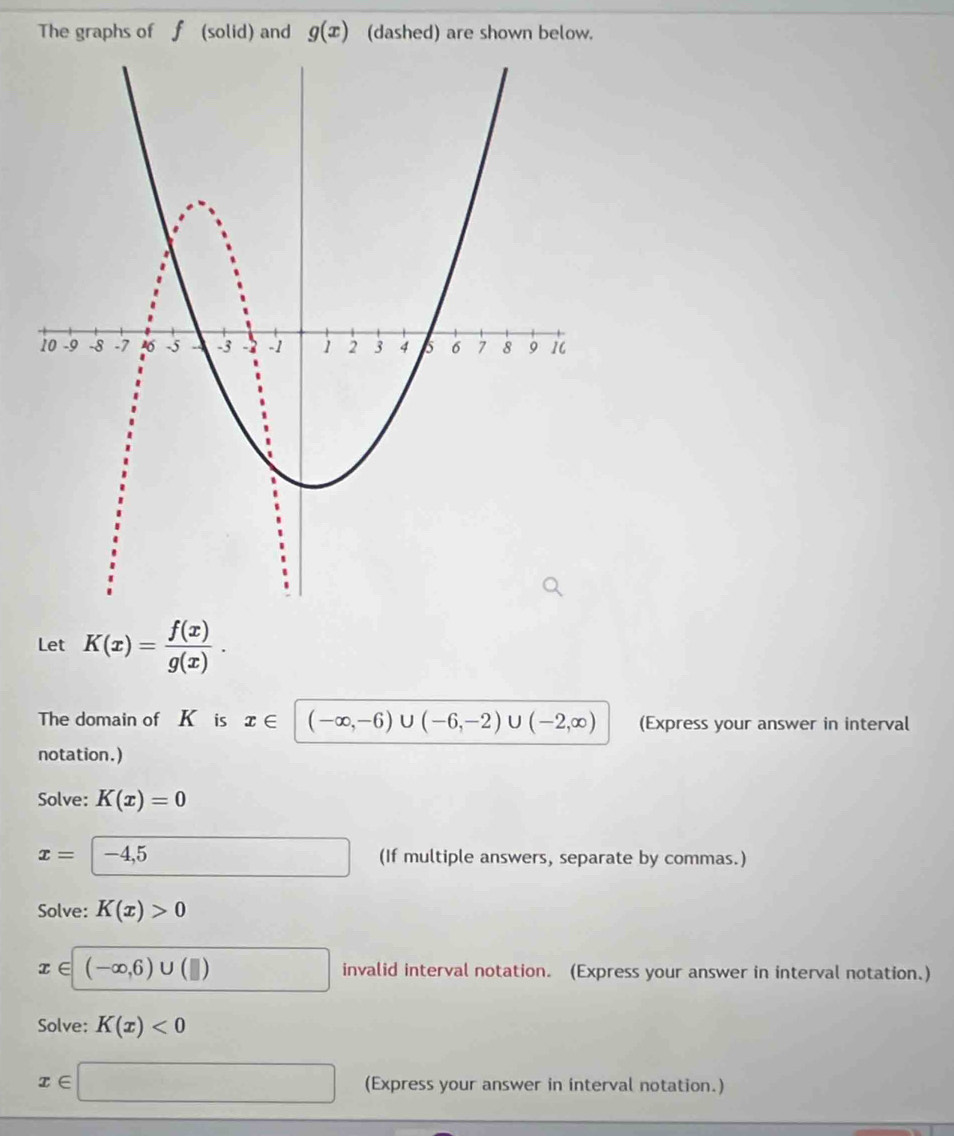 The graphs of f (solid) and g(x) (dashed) are shown below. 
Let K(x)= f(x)/g(x) . 
The domain of K is x∈ |(-∈fty ,-6)∪ (-6,-2)∪ (-2,∈fty ) (Express your answer in interval 
notation.) 
Solve: K(x)=0
x=|-4,5 □ (If multiple answers, separate by commas.) 
Solve: K(x)>0
x∈ □ (-∈fty ,6)∪ (□ ) invalid interval notation. (Express your answer in interval notation.) 
Solve: K(x)<0</tex>
x∈ □ (Express your answer in interval notation.)