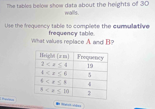 The tables below show data about the heights of 30
walls.
Use the frequency table to complete the cumulative
frequency table.
What values replace A and B?
ζPrevious  Watch video
agon:5bra0a3 f9m-4279 8267-antz28a9c565/text/>