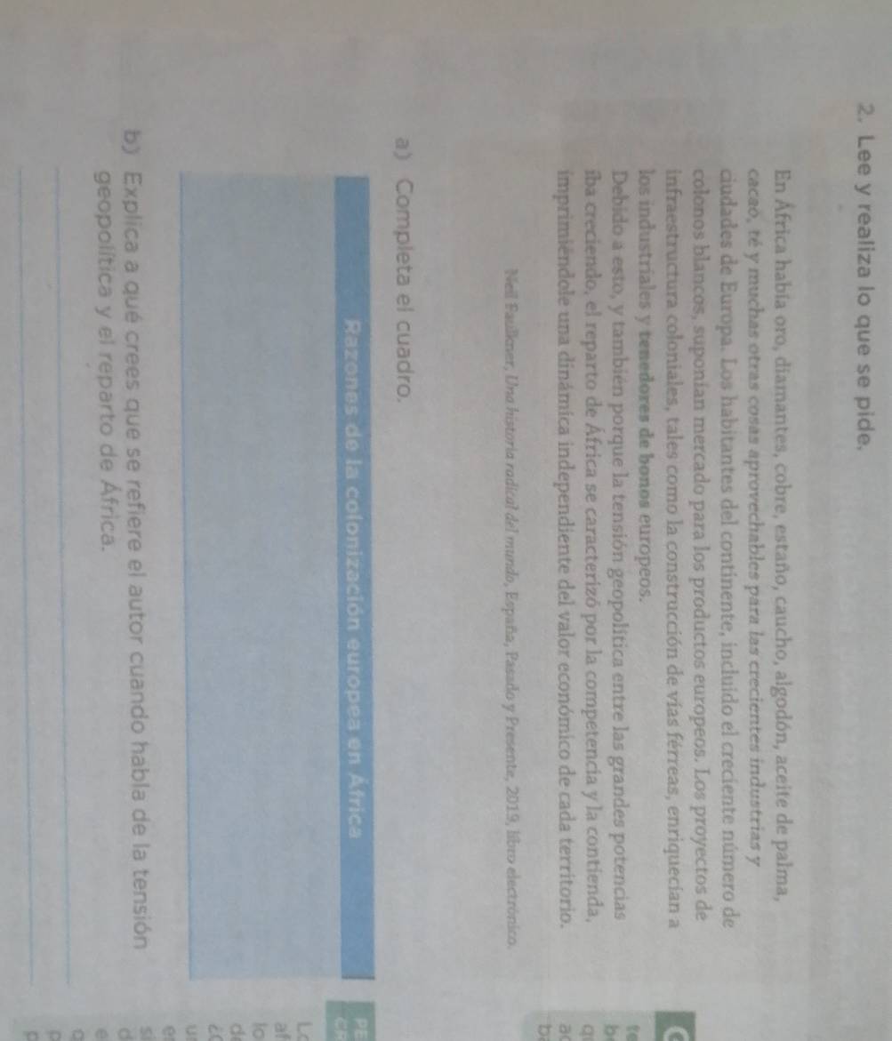 Lee y realiza lo que se pide. 
En África había oro, diamantes, cobre, estaño, caucho, algodón, aceite de palma, 
cacaò, té y muchas otras cosas aprovechables para las crecientes industrias y 
ciudades de Europa. Los habitantes del continente, incluido el creciente número de 
colonos blancos, suponían mercado para los productos europeos. Los proyectos de 
infraestructura coloniales, tales como la construcción de vías férreas, enriquecían a 
los industriales y tenedores de bonos europeos. 
to 
Debido a esto, y también porque la tensión geopolítica entre las grandes potencias 
b 
íba creciendo, el reparto de África se caracterizó por la competencia y la contienda, 
q 
imprimiendole una dinámica independiente del valor económico de cada territorio. a 
b 
Neil Faulkner, Una historia radical del mundo, España, Pasado y Presente, 2019, libro electrónico. 
a) Completa el cuadro. 
Razones de la colonización europea en Africa PE 
L 
af 
to 
d 
i( 
U 
e 
b) Explica a qué crees que se refiere el autor cuando habla de la tensión 5
C 
geopolítica y el reparto de África. 
_ 
a 
_