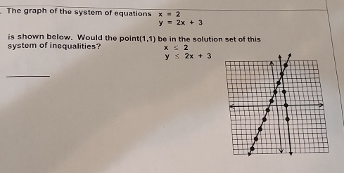 The graph of the system of equations x=2
y=2x+3
is shown below. Would the point (1,1) be in the solution set of this 
system of inequalities? x≤ 2
y≤ 2x+3
_