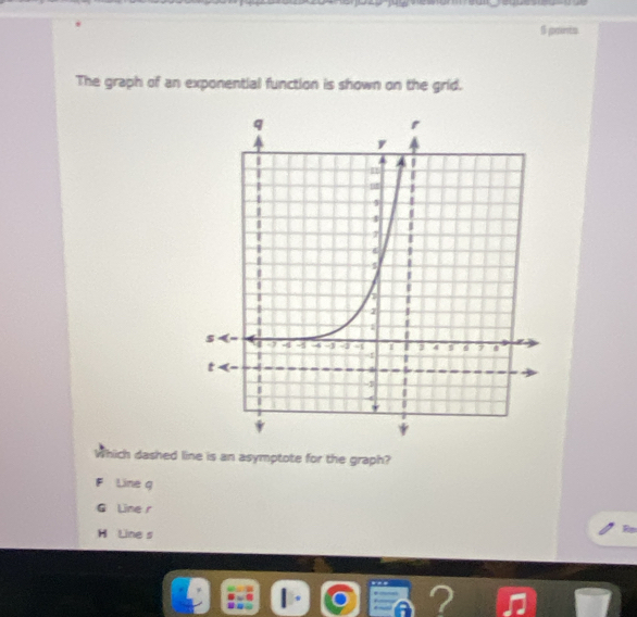 jomonts.
The graph of an exponential function is shown on the grid.
Which dashed line is an asymptote for the graph?
F Line q
G Line r
H Line s
Ro
a