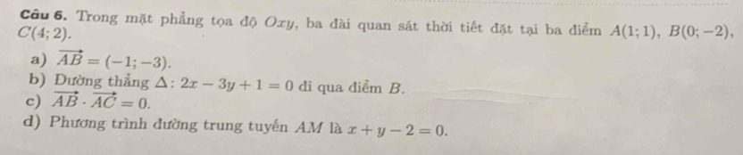 Trong mặt phẳng tọa độ Oxy, ba đài quan sát thời tiết đặt tại ba điểm A(1;1), B(0;-2),
C(4;2).
a) vector AB=(-1;-3).
b) Đường thẳng △ :2x-3y+1=0 di qua điểm B.
c) vector AB· vector AC=0.
d) Phương trình đường trung tuyến AM là x+y-2=0.