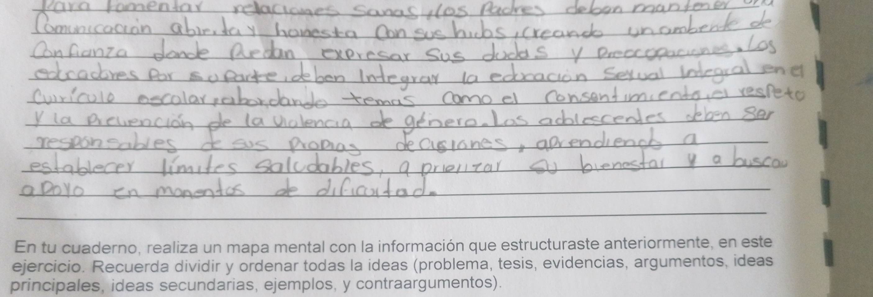 En tu cuaderno, realiza un mapa mental con la información que estructuraste anteriormente, en este 
ejercicio. Recuerda dividir y ordenar todas la ideas (problema, tesis, evidencias, argumentos, ideas 
principales, ideas secundarias, ejemplos, y contraargumentos).