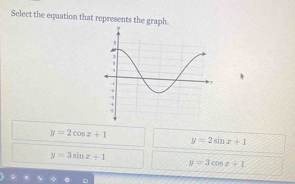 Select the equation that represents the graph.
y=2cos x+1
y=2sin x+1
y=3sin x+1
y=3cos x+1