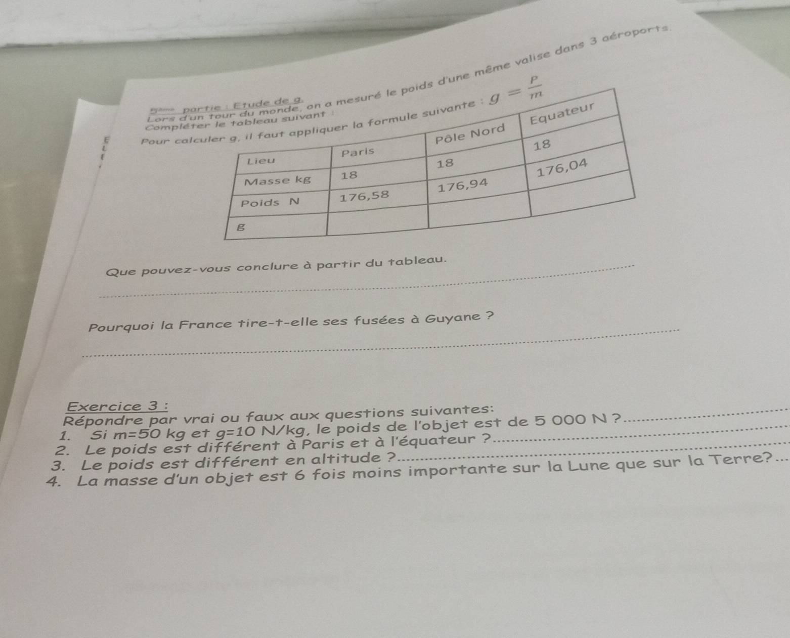 Lors d' d'une même valise dans 3 aéroports
B*''' p
Pour ca
Complé
_Que pouvez-vous conclure à partir du tableau.
_Pourquoi la France tire-t-elle ses fusées à Guyane ?
Exercice 3 :
Répondre par vrai ou faux aux questions suivantes:_
1. Si m=50 kget g=10 N/kg, le poids de l'objet est de 5 000 N ?
2. Le poids est différent à Paris et à l'équateur ?
3. Le poids est différent en altitude ?
4. La masse d'un objet est 6 fois moins importante sur la Lune que sur la Terre?_