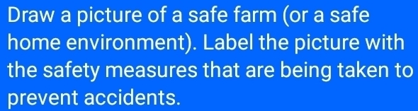 Draw a picture of a safe farm (or a safe 
home environment). Label the picture with 
the safety measures that are being taken to 
prevent accidents.