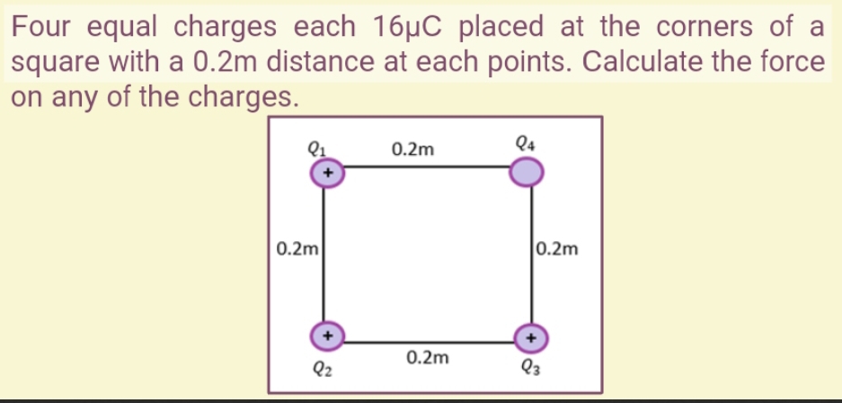 Four equal charges each 16μC placed at the corners of a
square with a 0.2m distance at each points. Calculate the force
on any of the charges.