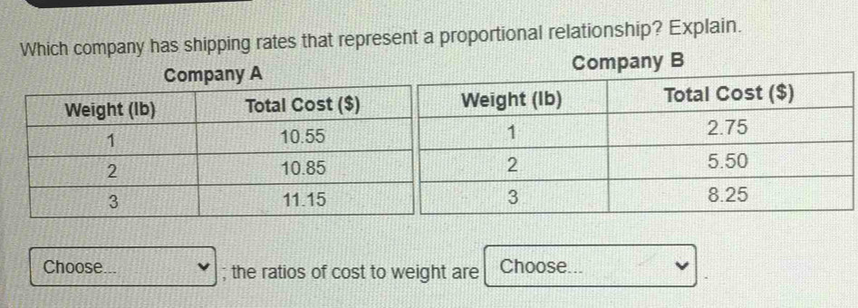 Which company has shipping rates that represent a proportional relationship? Explain. 
Company Ay B 
Choose... ; the ratios of cost to weight are Choose...