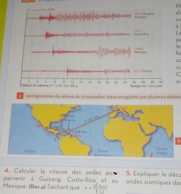 novembre 2004 Pl 
MPG: Guyane d' 
rançaise sis 
à 
HDC : 
Costa Rica Le 
p 
UNM : 
le 
Mexique fo 
sC 
SL 
ECH :France 
C
0 2 4 6 8 10 12 14 16 18 20 22 24 26 28 30 32 e 
LDébut du séisme (11 h 41 min 08 s) Temps (en minutes) 
a sismogrammes du séisme du 21 novembre 2004 enregistrés par plusieurs station 
b 
4. Calculer la vitesse des ondes por 5. Expliquer le déca 
parvenir à Guiyang, Costa-Rica et au ondes sismiques das 
Mexique, (Doc 4) Sachant que . v= d(km)/t(s) 