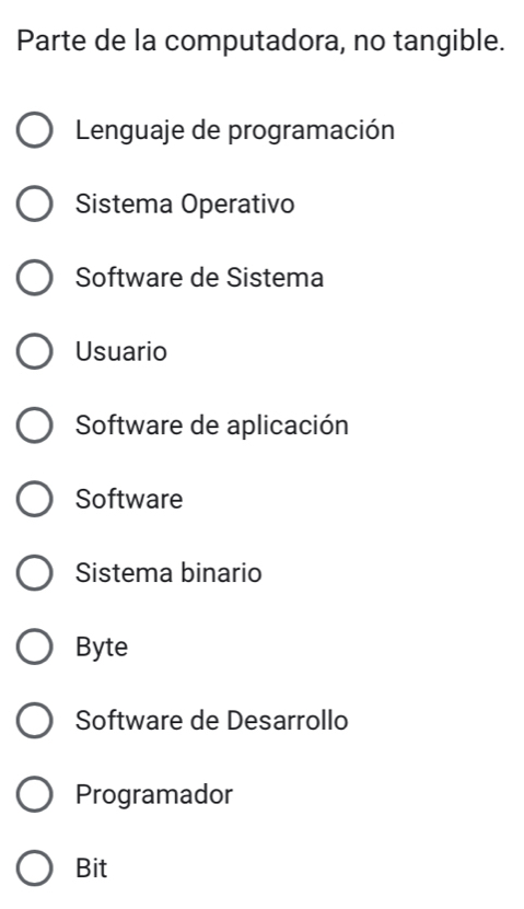 Parte de la computadora, no tangible.
Lenguaje de programación
Sistema Operativo
Software de Sistema
Usuario
Software de aplicación
Software
Sistema binario
Byte
Software de Desarrollo
Programador
Bit