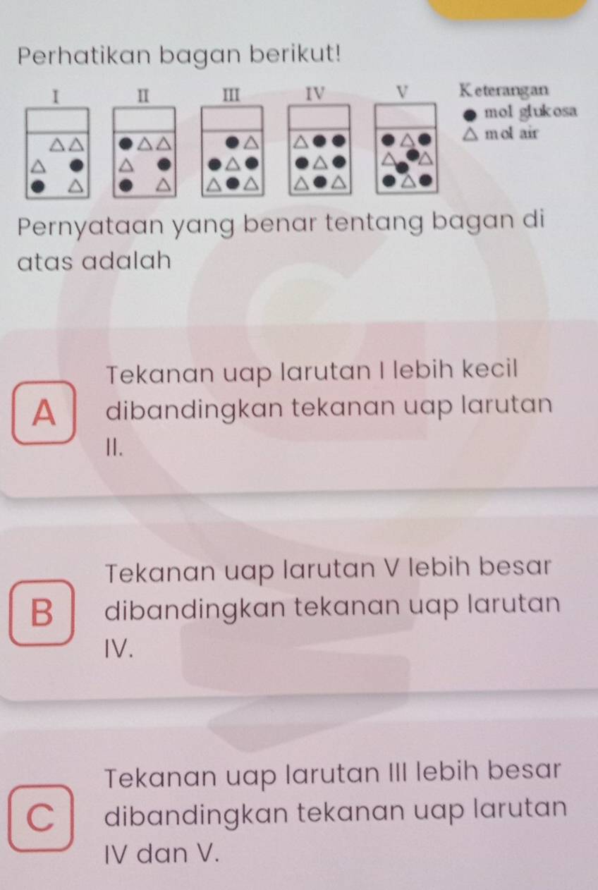 Perhatikan bagan berikut!
Pernyataan yang benar tentang bagan di
atas adalah
Tekanan uap larutan I lebih kecil
A dibandingkan tekanan uap larutan
II.
Tekanan uap larutan V lebih besar
B dibandingkan tekanan uap larutan
IV.
Tekanan uap larutan III lebih besar
C dibandingkan tekanan uap larutan
IV dan V.