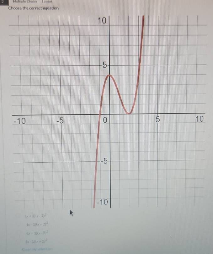 por
Choose the correct equation
0
-(x-1)(x+2)^2
-(x+1)(x-2)^2
(x-1)(x+2)^2
Clear my selection