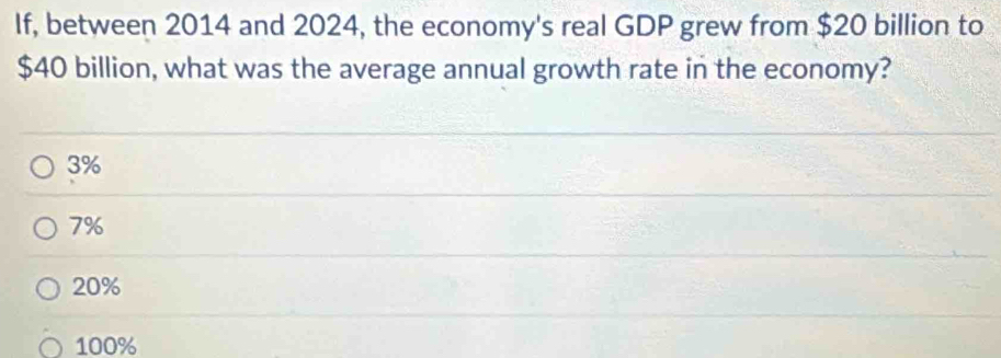 If, between 2014 and 2024, the economy's real GDP grew from $20 billion to
$40 billion, what was the average annual growth rate in the economy?
3%
7%
20%
100%