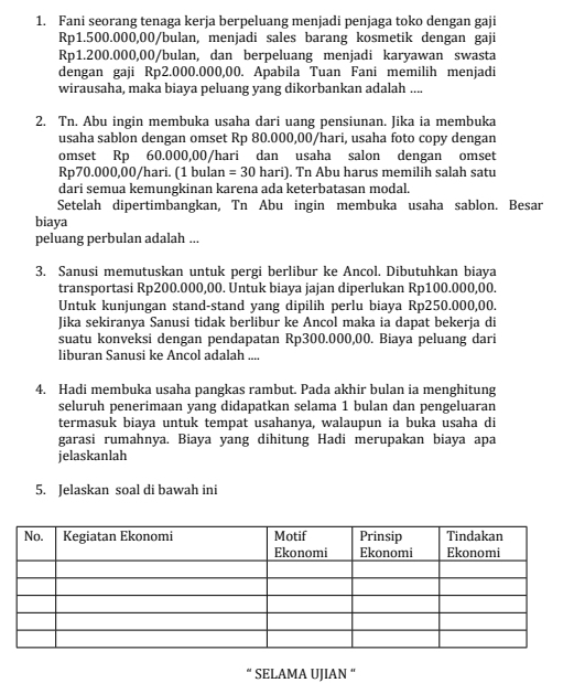 Fani seorang tenaga kerja berpeluang menjadi penjaga toko dengan gaji
Rp1.500.000,00/bulan, menjadi sales barang kosmetik dengan gaji
Rp1.200.000,00/bulan, dan berpeluang menjadi karyawan swasta
dengan gaji Rp2.000.000,00. Apabila Tuan Fani memilih menjadi
wirausaha, maka biaya peluang yang dikorbankan adalah ....
2. Tn. Abu ingin membuka usaha dari uang pensiunan. Jika ia membuka
usaha sablon dengan omset Rp 80.000,00/hari, usaha foto copy dengan
omset Rp 60.000,00/hari dan usaha salon dengan omset
Rp70.000,00/hari. (1 bulan =30 hari ). Tn Abu harus memilih salah satu
dari semua kemungkinan karena ada keterbatasan modal.
Setelah dipertimbangkan, Tn Abu ingin membuka usaha sablon. Besar
biaya
peluang perbulan adalah ...
3. Sanusi memutuskan untuk pergi berlibur ke Ancol. Dibutuhkan biaya
transportasi Rp200.000,00. Untuk biaya jajan diperlukan Rp100.000,00.
Untuk kunjungan stand-stand yang dipilih perlu biaya Rp250.000,00.
Jika sekiranya Sanusi tidak berlibur ke Ancol maka ia dapat bekerja di
suatu konveksi dengan pendapatan Rp300.000,00. Biaya peluang dari
liburan Sanusi ke Ancol adalah ...
4. Hadi membuka usaha pangkas rambut. Pada akhir bulan ia menghitung
seluruh penerimaan yang didapatkan selama 1 bulan dan pengeluaran
termasuk biaya untuk tempat usahanya, walaupun ia buka usaha di
garasi rumahnya. Biaya yang dihitung Hadi merupakan biaya apa
jelaskanlah
5. Jelaskan soal di bawah ini
“ SELAMA UJIAN “