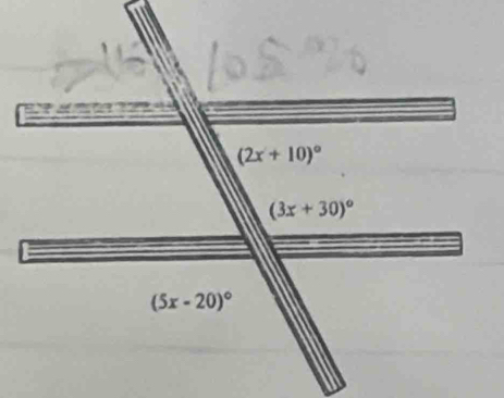 (2x+10)^circ 
(3x+30)^circ 
(5x-20)^circ 