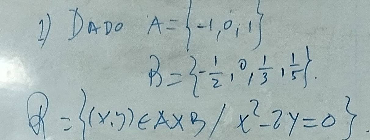 1DaDo A= -1,0,1
B= - 1/2 ,0, 1/3 , 1/5 .
f= (x,y)∈ AxB/x^2-2y=0