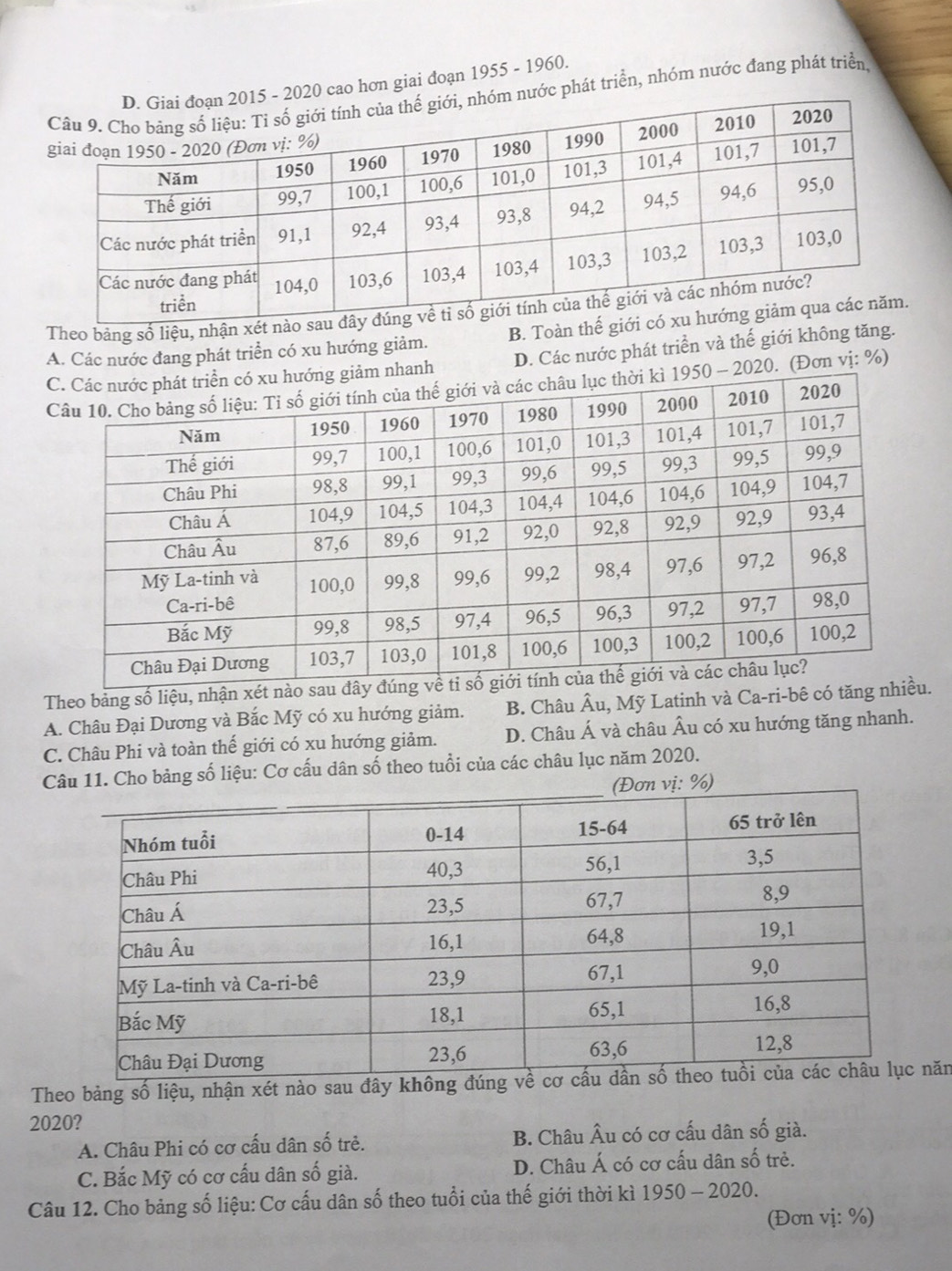 cao hơn giai doạn 1955 - 1960.
c phát triển, nhóm nước đang phát triển,
Theo băng số liệu, nhận xét nà
A. Các nước đang phát triển có xu hướng giảm. B. Toàn thế
D. Các nước phát triển và thế giới không tăng.
20. (Đơn vị: %)
Theo bảng số liệu, nhận xét n
A. Châu Đại Dương và Bắc Mỹ có xu hướng giảm. B. Châu Âu, Mỹ Latinh và Ca-ri-bê có t.
C. Châu Phi và toàn thế giới có xu hướng giảm. D. Châu Á và châu Âu có xu hướng tăng nhanh.
C11. Cho bảng số liệu: Cơ cấu dân số theo tuổi của các châu lục năm 2020.
Theo bảng số liệu, nhận xét nào sau đây không đnăm
2020?
A. Châu Phi có cơ cấu dân số trẻ. B. Châu Âu có cơ cấu dân số già.
C. Bắc Mỹ có cơ cấu dân số già. D. Châu Á có cơ cấu dân số trẻ.
Câu 12. Cho bảng số liệu: Cơ cấu dân số theo tuổi của thế giới thời kì 1950 - 2020.
(Đơn vị: %)
