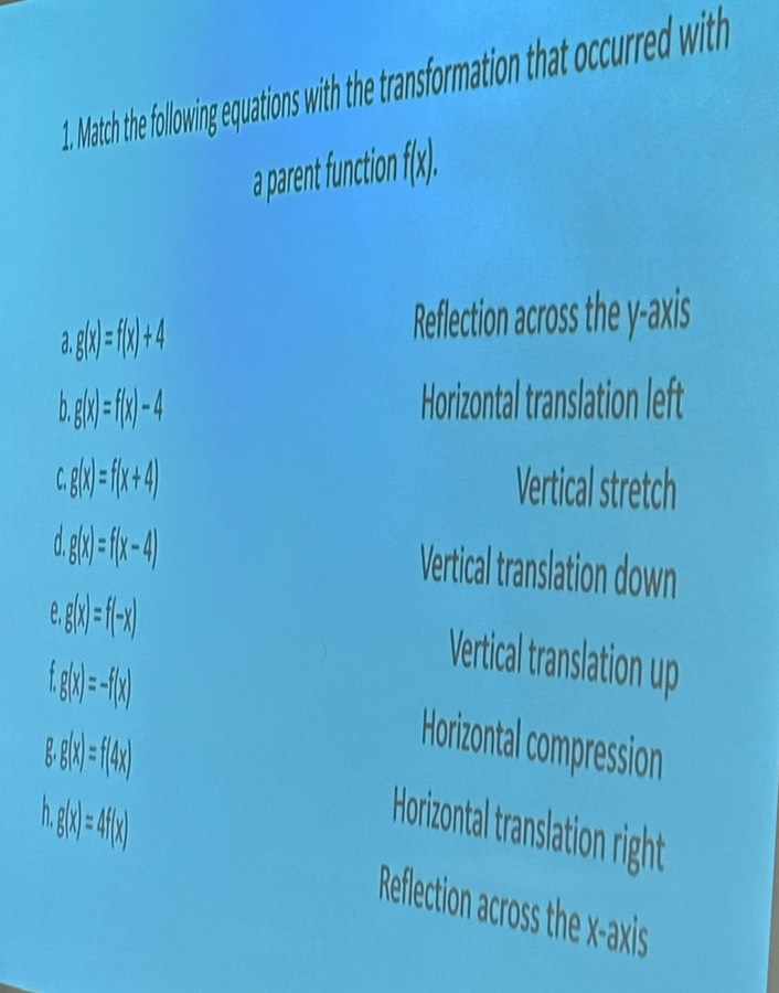 Match the following equations with the transformation that occurred with 
a parent function f(x).
g(x)=f(x)+4 Reflection across the y-axis 
h g(x)=f(x)-4 Horizontal translation left
g(x)=f(x+4) Vertical stretch 
d g(x)=f(x-4)
Vertical translation down 
P g(x)=f(-x)
Vertical translation up
g(x)=-f(x)
K g(x)=f(4x)
Horizontal compression 
orizonta translation right 
h g(x)=4f(x) Reflection across the x-axis