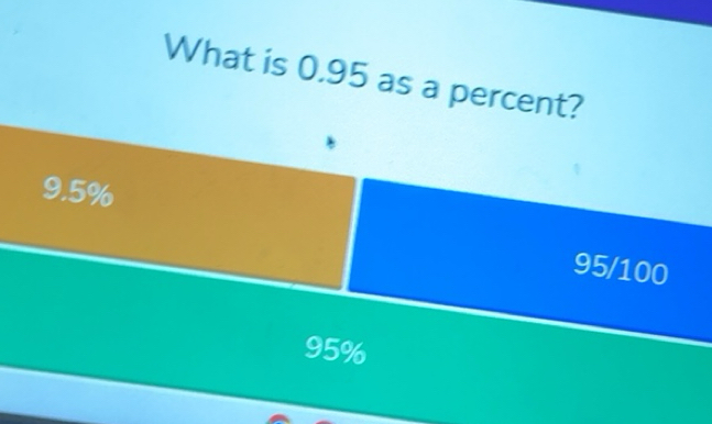 Solved: What is 0.95 as a percent? 9.5% 95/100 95% [Business]