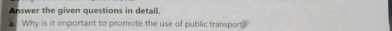 Answer the given questions in detail. 
a. Why is it important to promote the use of public transport?