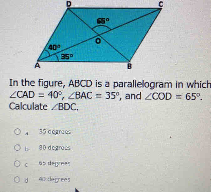 Solved: In the figure, ABCD is a parallelogram in which ∠ CAD=40°,∠ BAC ...