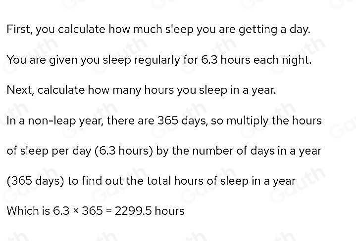 Solved: If you sleep an average of 6.3 hours each night, how many hours ...