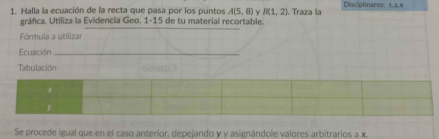 Disciplinares: 1, 2, 6
1. Halla la ecuación de la recta que pasa por los puntos A(5,8) y B(1,2). Traza la 
_ 
gráfica. Utiliza la Evidencia Geo. 1-15 de tu material recortable. 
Fórmula a utilizar 
Ecuación_ 
Tabulación 
Se procede igual que en el caso anterior, depejando y y asignándole valores arbitrarios a x.