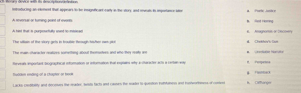 ch lierary device with its descriptionvidefinition.
Introducing an element that appears to be insignificant early in the story, and reveals its importance later Poétic Justice
A reversal or turning point of events b. Red Herring
A hint that is purposefully used to mislead e. Anagnorisis or Discovery
The villain of the story gets in trouble through his/her own plot d. Chekhov's Gun
The main character realizes something about themselves and who they really are Unreliable Narrator
Reveals important biographical information or information that explains why a character acts a certain way f. Peripeteia
Sudden ending of a chapter or book g. Flashback
Lacks credibility and deceives the reader; twists facts and causes the reader to question truthfulness and trustworthiness of content h. Clifhanger