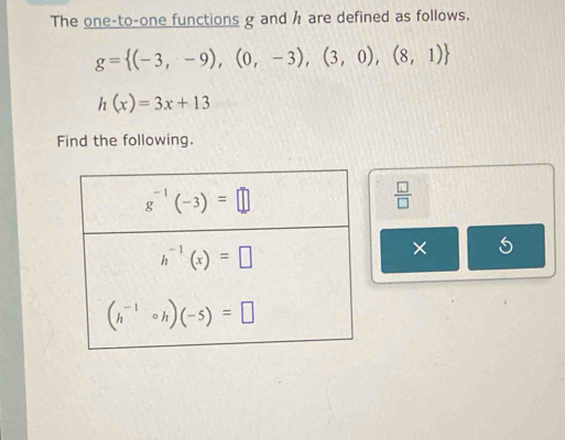 The one-to-one functions g and h are defined as follows.
g= (-3,-9),(0,-3),(3,0),(8,1)
h(x)=3x+13
Find the following.
 □ /□  
× 5