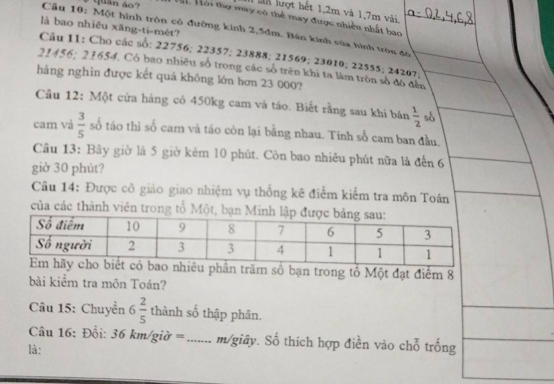 Mà lượt hết 1,2m và 1,7m vài 
quân áo? Mậi Hội thợ may có thể may được nhiều nhất bao 
là bao nhiều xãng-ti-mét? 
Cầu 10: Một hình tròn có đường kính 2,5dm. Bán kính của hình tròn độ 
Câu 11: Cho các số: 22756; 22357; 23888; 21569; 23010; 22555; 24207;
21456; 21654. Có bao nhiêu số trong các số trên khi ta làm tròn số đó đến 
hàng nghìn được kết quả không lớn hơn 23 000? 
Câu 12: Một cửa hàng có 450kg cam và táo. Biết rằng sau khi bán  1/2  số 
cam và  3/5  số táo thì số cam và táo còn lại bằng nhau. Tinh số cam ban đầu. 
Câu 13: Bây giờ là 5 giờ kém 10 phút. Còn bao nhiêu phút nữa là đến 6
giờ 30 phút? 
Câu 14: Được cô giáo giao nhiệm vụ thổng kê điểm kiểm tra môn Toán 
của các thành viên trong tổ Một, bạn 
êu phần trăm số bạn trong tổ Một đạt điểm 8 
bài kiểm tra môn Toán? 
Câu 15: Chuyền 6 2/5  thành số thập phân. 
Câu 16: Đổi: 36 km/giờ = ….... m/giây. Số thích hợp điền vào chỗ trống 
là: