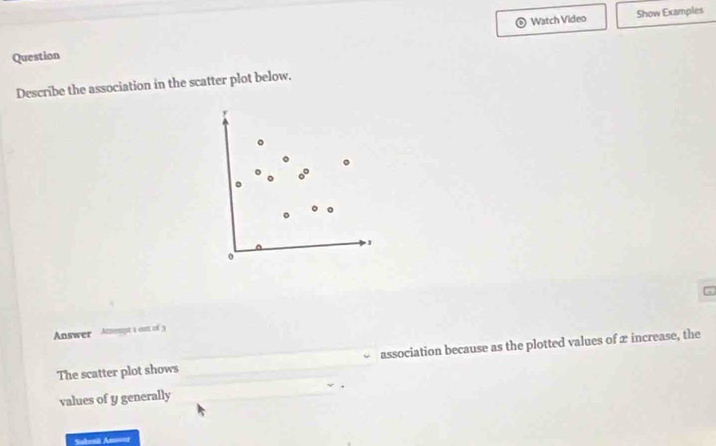 Watch Video Show Examples 
Question 
Describe the association in the scatter plot below. 
Answer Atzpt a out of 3 
The scatter plot shows association because as the plotted values of æ increase, the 
values of y generally 
Sabeni Aus==r