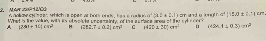 Solved: 0.1 2. MAR 23/P12/Q3 A hollow cylinder, which is open at both ...