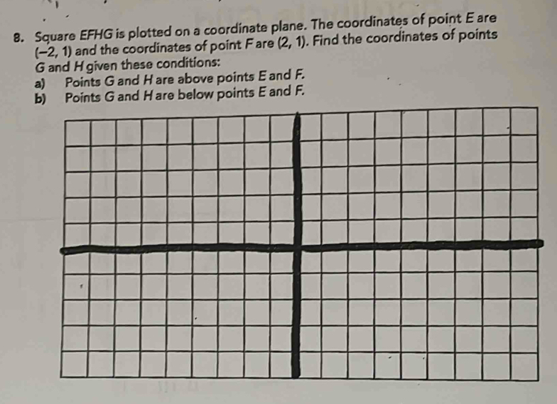 Square EFHG is plotted on a coordinate plane. The coordinates of point E are
(-2,1) and the coordinates of point F are (2,1). Find the coordinates of points
G and H given these conditions: 
a) Points G and H are above points E and F. 
b) Points G and H are below points E and F.