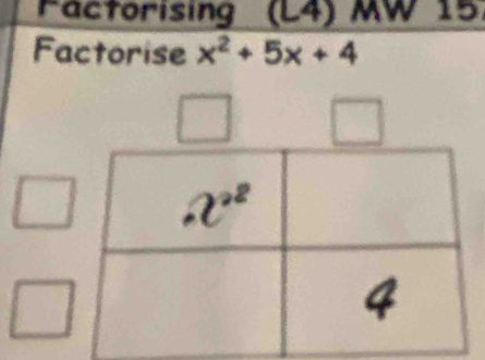 Factorising (L4) MW 15.
Factorise x^2+5x+4