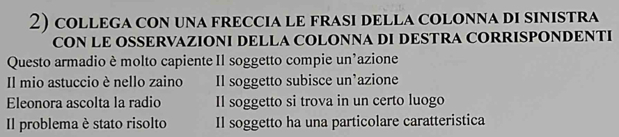 colLEGa con uNA FRECCIA LE FRASI DELLA COLONNa DI SINISTRA 
CON LE OSSERVAZIONI DELLA COLONNA DI DESTRA CORRISPONDENTI 
Questo armadio è molto capiente Il soggetto compie un'azione 
Il mio astuccio è nello zaino Il soggetto subisce un’azione 
Eleonora ascolta la radio Il soggetto si trova in un certo luogo 
Il problema è stato risolto Il soggetto ha una particolare caratteristica