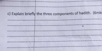 Explain briefly the three components of hadith. (6mk 
_ 
_ 
_ 
_ 
_ 
_