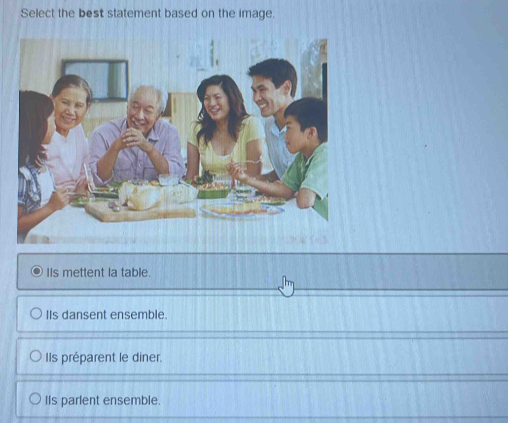 Select the best statement based on the image.
IIs mettent la table.
IIs dansent ensemble.
Ils préparent le diner.
IIs parlent ensemble.