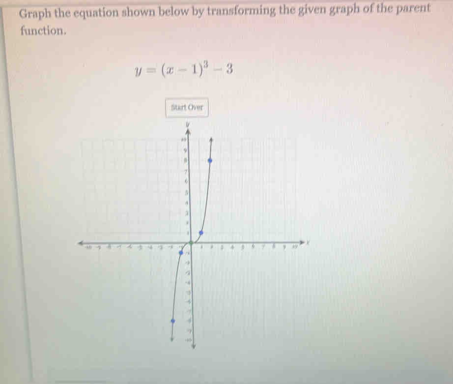 Graph the equation shown below by transforming the given graph of the parent 
function.
y=(x-1)^3-3
Start Over