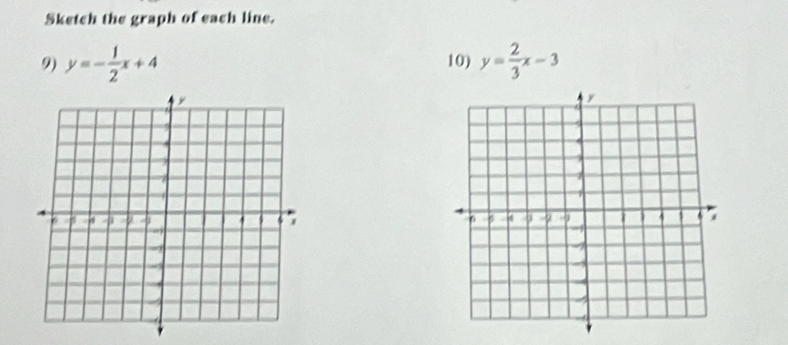 Sketch the graph of each line.
9) y=- 1/2 x+4 10) y= 2/3 x-3