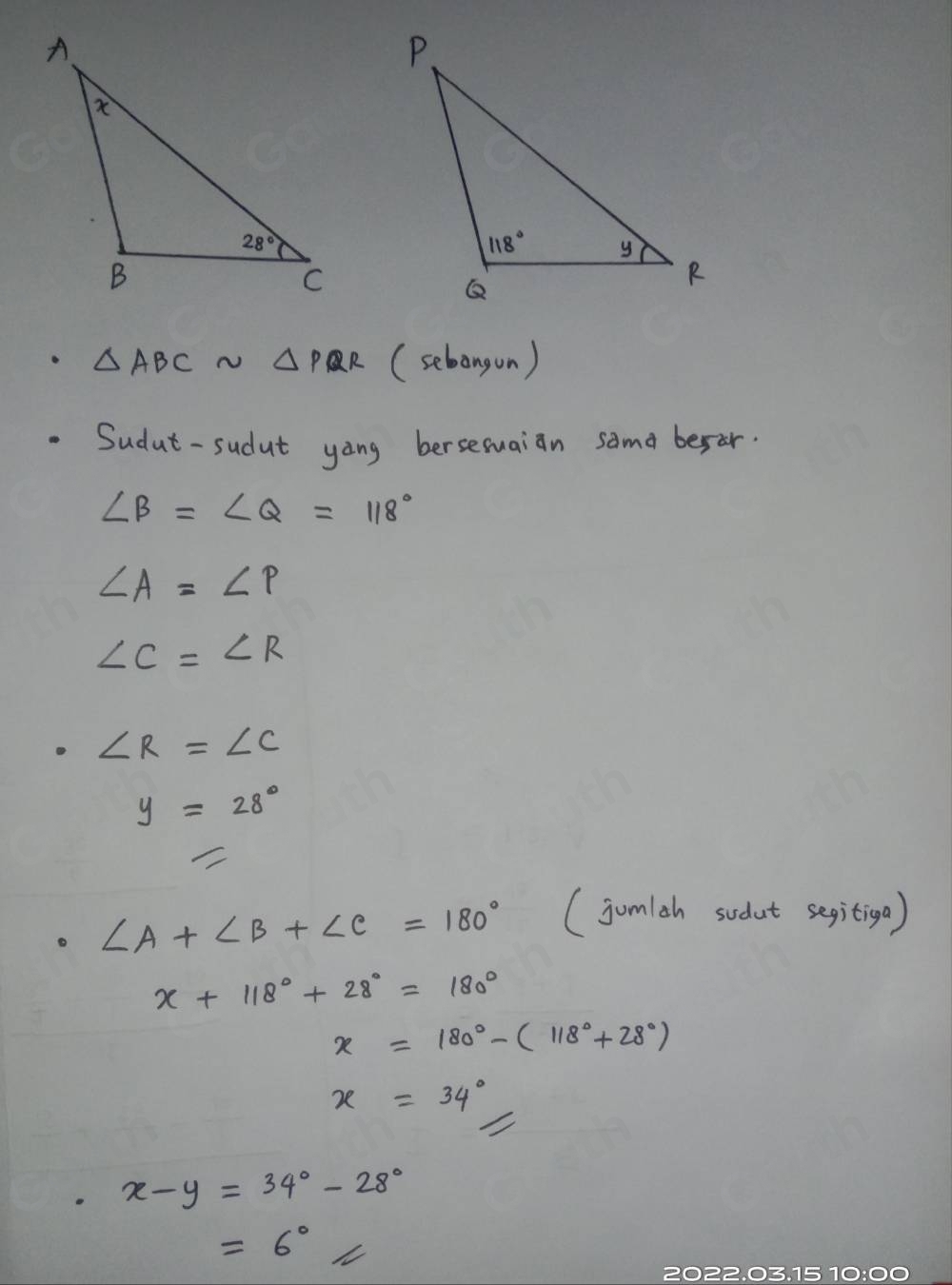 △ ABC N △ PQR (sebongon) 
Sudut-sudut yong bersesuaian same befar.
∠ beta =∠ Q=118°
∠ A=∠ P
∠ C=∠ R
∠ R=∠ C
y=28°
∠ A+∠ B+∠ C=180° (jomlsh sudut segitiga)
x+118°+28°=180°
x=180°-(118°+28°)
x=34°
x-y=34°-28°
=6°