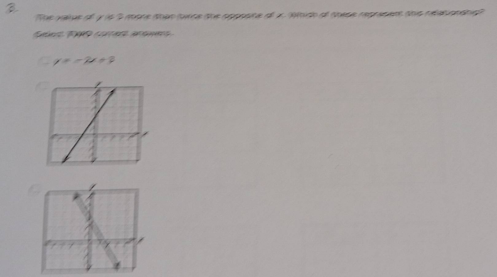 The oaiue of y is 3 moone than bwice the opposite of x. Whidh of thepe reprepent this reat ondhip? 
Sées 19O coes arênes
y=-2x+3