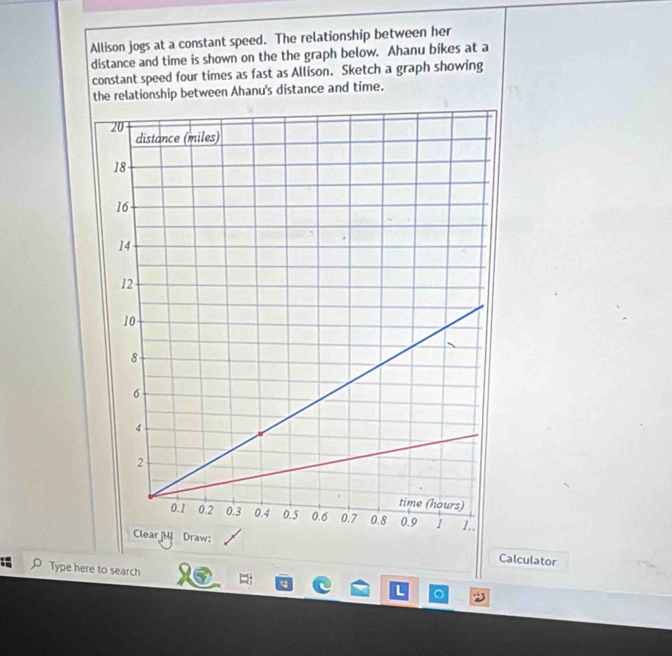 Allison jogs at a constant speed. The relationship between her 
distance and time is shown on the the graph below. Ahanu bikes at a 
constant speed four times as fast as Allison. Sketch a graph showing 
the relationship between Ahanu's distance and time. 
Calculator 
Type here to search