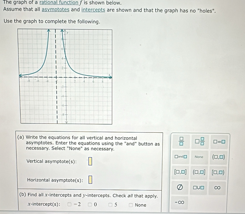 The graph of a rational function is shown below.
Assume that all asymptotes and intercepts are shown and that the graph has no "holes".
Use the graph to complete the following.
(a) Write the equations for all vertical and horizontal
asymptotes. Enter the equations using the "and" button as  □ /□   □  □ /□   □ =□
necessary. Select "None" as necessary.
Vertical asymptote(s): □
￥and □ None (□ ,□ )
[□ ,□ ] (□ ,□ ] [□ ,□ )
Horizontal asymptote(s): □
□ U□ ∞
(b) Find all x-intercepts and y-intercepts. Check a// that apply.
x-intercept(s): -2 0 5 None -∞