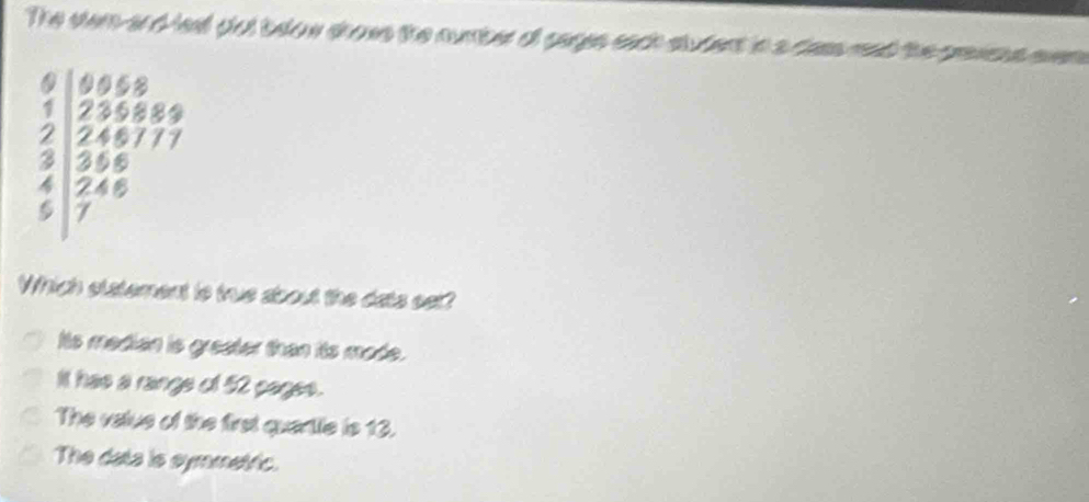 The ster ao dest dut beow drows the aunber of sages each student in a cam rnd the grne sn
1 236880
2 246777
3 356
4 248
7
Which slatement is true about the dats sat?
Its median is greater than its mode.
It has a range of 52 pages.
a The vatue of the first quartle is 13.
The data is symmetric.