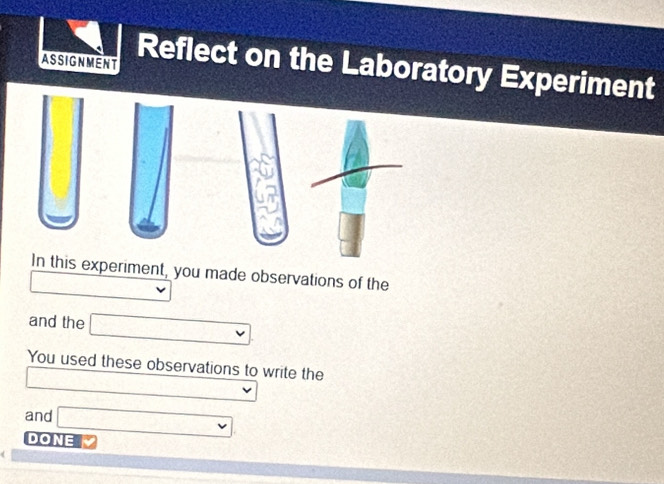 Assignment Reflect on the Laboratory Experiment 
s experiment, you made observations of the 
and the v 
You used these observations to write the
∴ △ ADCsim △ ABC
and 
DONE