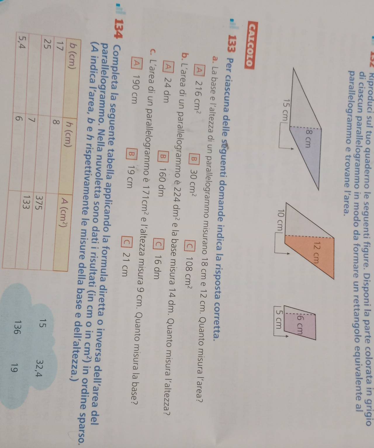 Riproduci sul tuo quaderno le seguenti figure. Disponi la parte colorata in grigio
di ciascun parallelogrammo in modo da formare un rettangolo equivalente al
parallelogrammo e trovane l’area.
CALCOLO
133 Per ciascuna delle seguenti domande indica la risposta corretta.
a. La base e l’altezza di un parallelogrammo misurano 18 cm e 12 cm. Quanto misura l’area?
A 216cm^2
B 30cm^2
C 108cm^2
b. L'area di un parallelogrammo è 224dm^2 e la base misura 14 dm. Quanto misura l’altezza?
A 24 dm B160 dm
c 16 dm
c. L'area di un parallelogrammo è 171cm^2 e l’altezza misura 9 cm. Quanto misura la base?
A 190 cm B 19 cm C 21 cm
134 Completa la seguente tabella applicando la formula diretta o inversa dell’area del
parallelogrammo. Nella nuvoletta sono dati i risultati (in cm o in cm^2) in ordine sparso.
(A indica l’area, b e h rispettivamente le mibase e dell’altezza.)
15
32,4
136 19