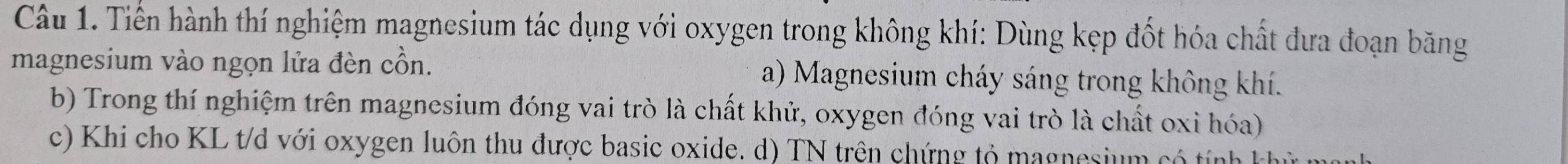 Tiến hành thí nghiệm magnesium tác dụng với oxygen trong không khí: Dùng kẹp đốt hóa chất đưa đoạn băng 
magnesium vào ngọn lửa đèn cồn. a) Magnesium cháy sáng trong không khí. 
b) Trong thí nghiệm trên magnesium đóng vai trò là chất khử, oxygen đóng vai trò là chất oxi hóa) 
c) Khi cho KL t/d với oxygen luôn thu được basic oxide. d) TN trên chứng tỏ magnesium có tí