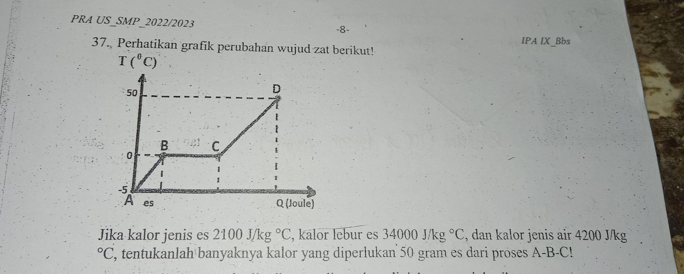 PRA US_SMP_2022/2023 
-8- 
IPA IX_Bbs 
37. Perhatikan grafik perubahan wujud zat berikut!
T(^circ C)
Jika kalor jenis es 2100J/kg°C , kälor lebur es 34000J/kg°C , dan kalor jenis air 4200 J/kg°C , tentukanlah banyaknya kalor yang diperlukan 50 gram es dari próses A-B-C!