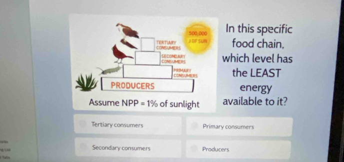 In this specific
food chain,
which level has
the LEAST
energy
available to it?
Tertiary consumers Primary consumers
ng Lia Secondary consumers Producers
Tas