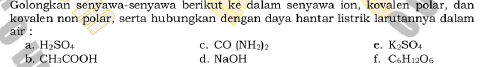 Golongkan senyawa-senyawa berikut ke dalam senyawa ion, kovalen polar, dan 
kovalen non polar, serta hubungkan dengan daya hantar listrik larutannya dalam 
air : 
a. H_2SO_4 c. CO(NH_2)_2 C. K_2SO_4
b. CH_3COOH d. NaOH f. C_6H_12O_6